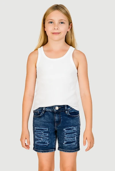 Girls Patch and Repair Distressed Bermuda Shorts, Blue, Size 6