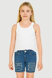 Girls Patch and Repair Distressed Bermuda Shorts, Blue,