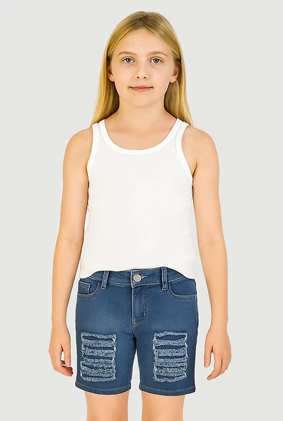 Girls Patch and Repair Distressed Bermuda Shorts, Blue, Size 10