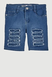 Girls Patch and Repair Distressed Bermuda Shorts, Blue, Size 10