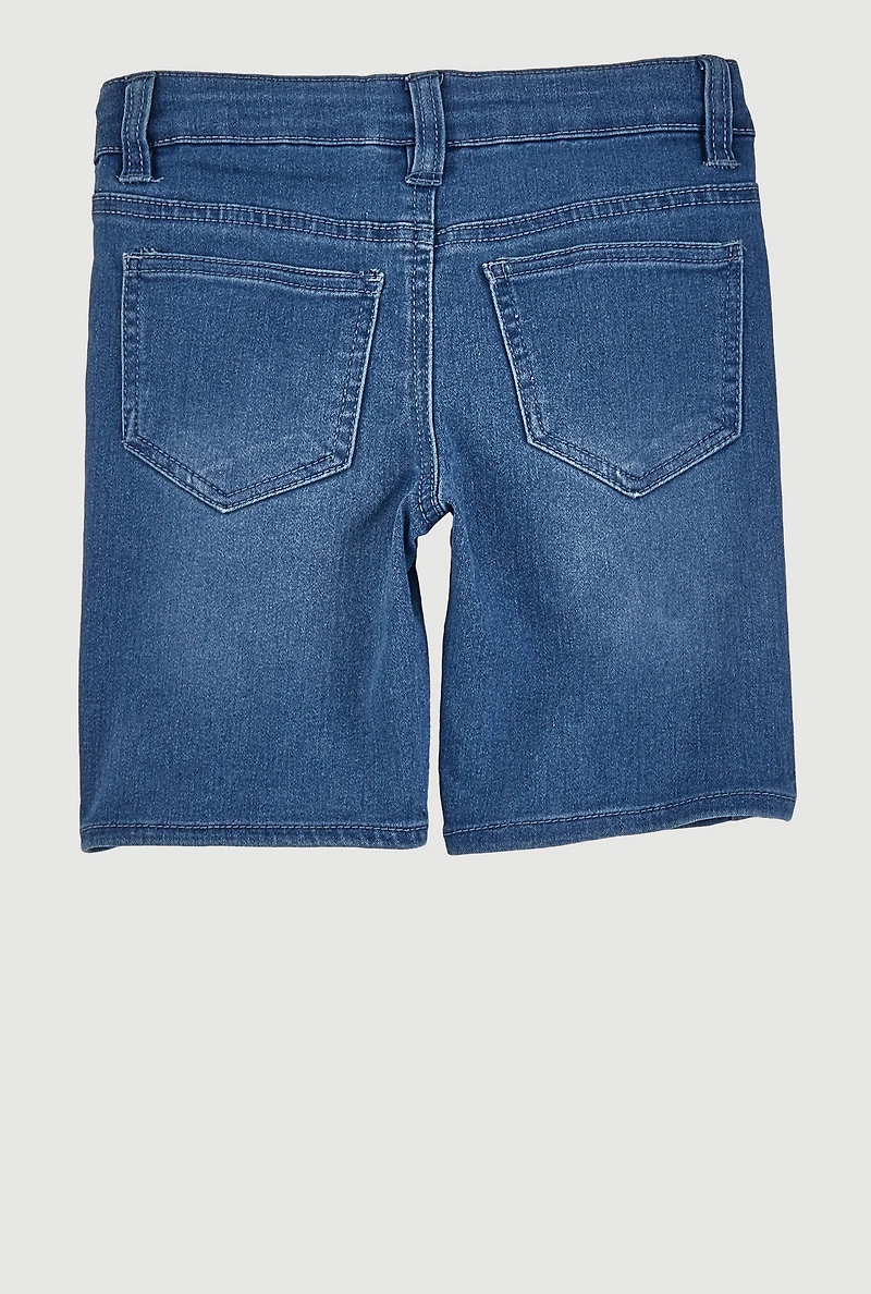 Girls Patch and Repair Distressed Bermuda Shorts, Blue,