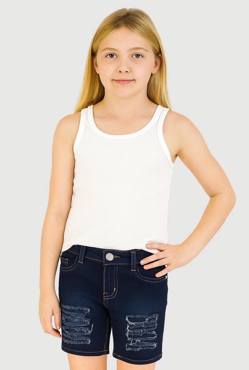 Girls Patch and Repair Distressed Bermuda Shorts, Blue,