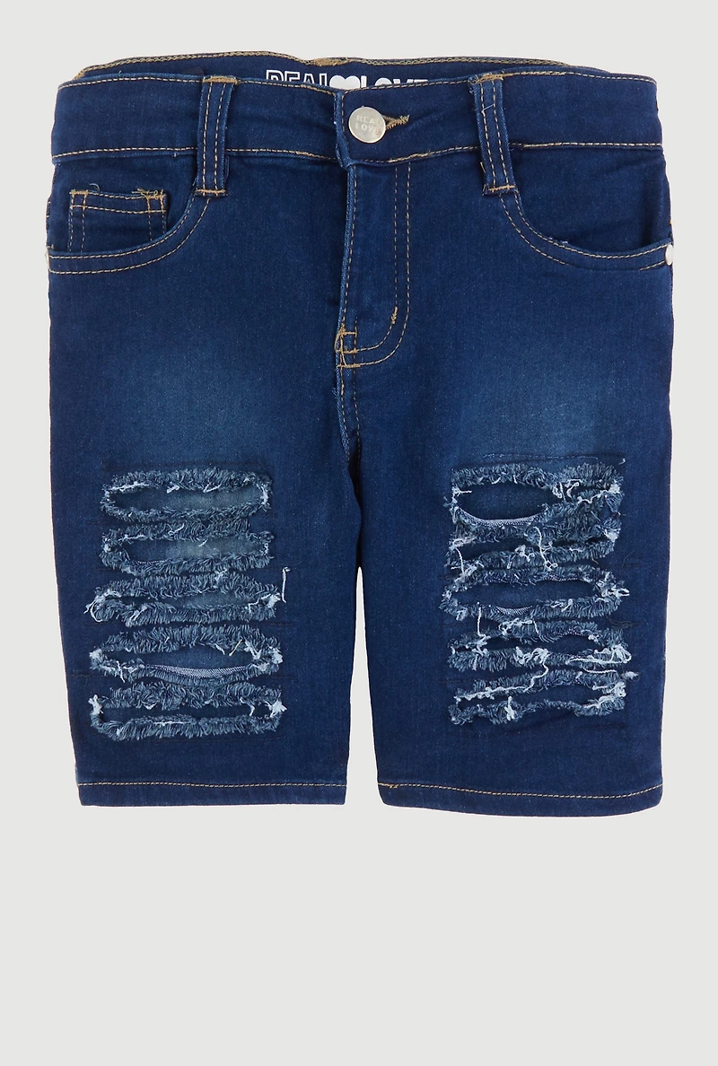 Girls Patch and Repair Distressed Bermuda Shorts, Blue,