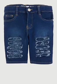Girls Patch and Repair Distressed Bermuda Shorts, Blue,