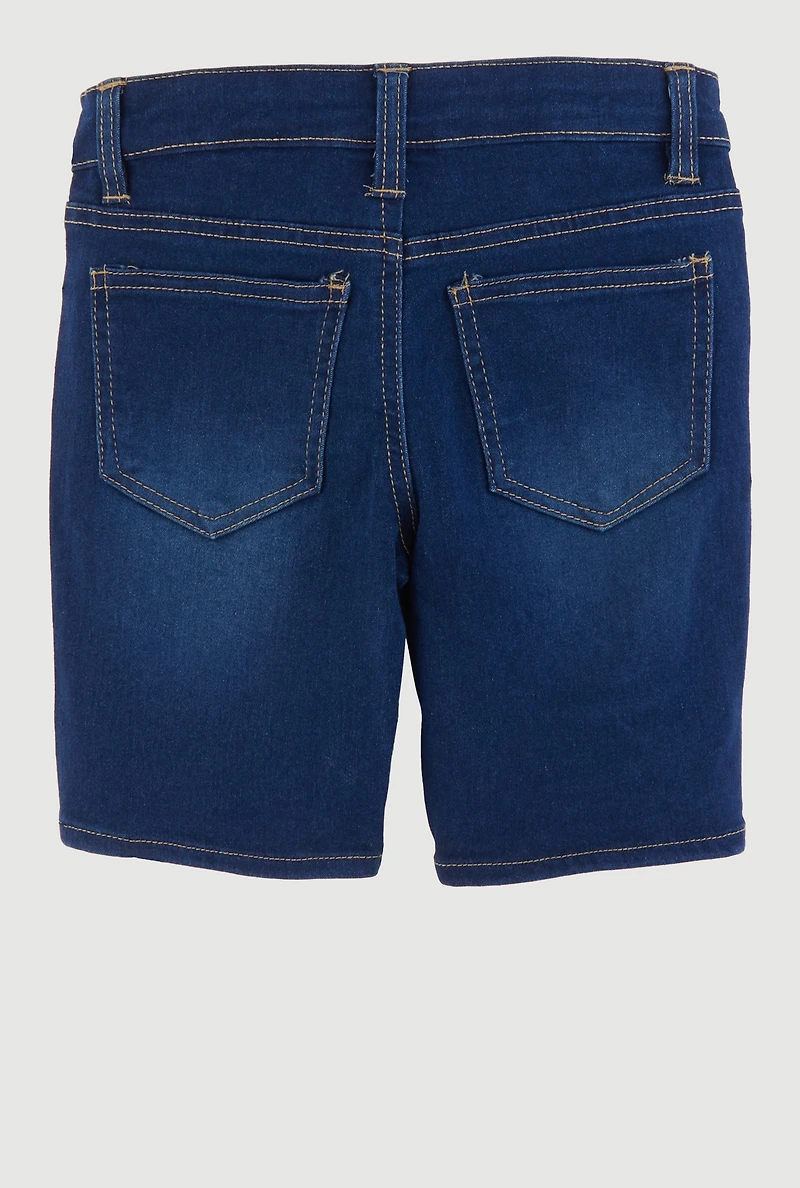 Girls Patch and Repair Distressed Bermuda Shorts, Blue,