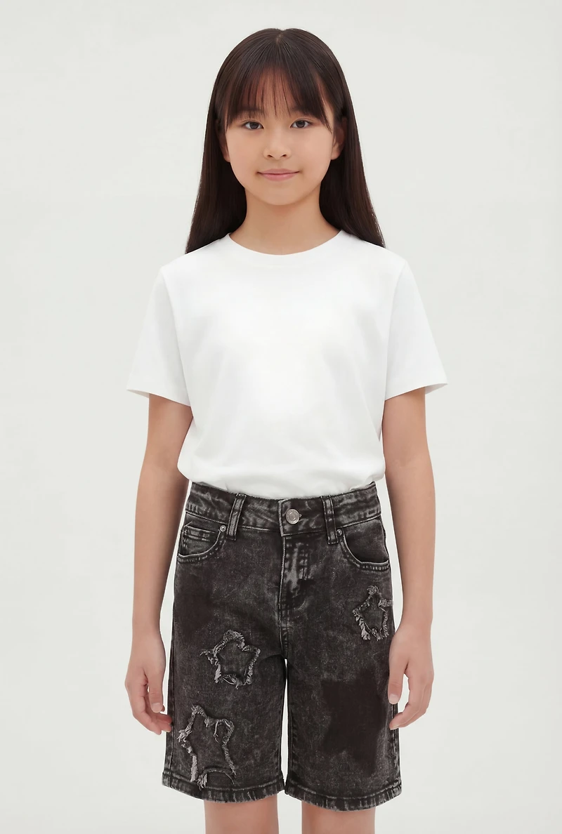 Girls Star Frayed Acid Wash Denim Shorts