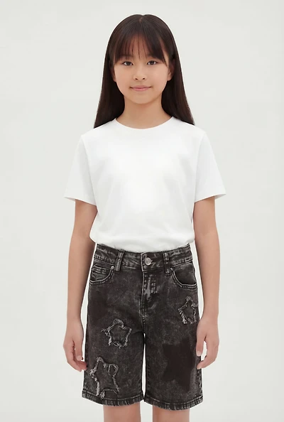 Girls Star Frayed Acid Wash Denim Shorts