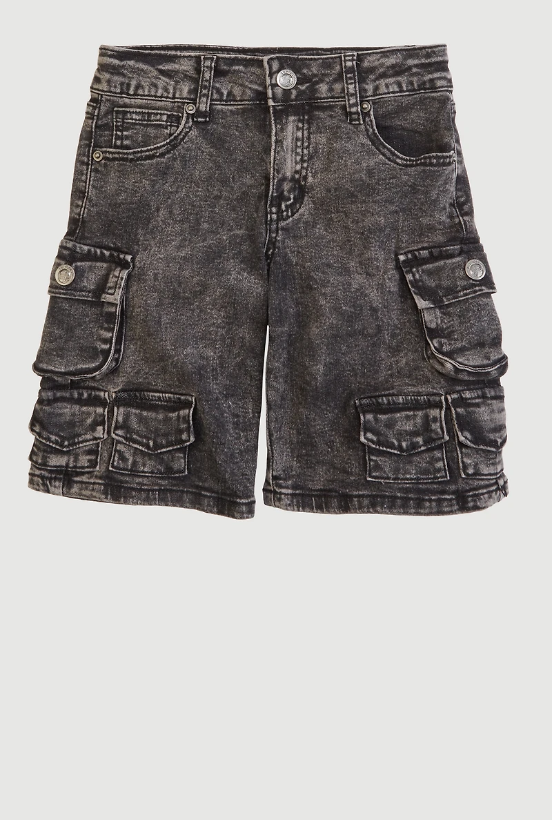 Girls Acid Wash Denim Utility Shorts
