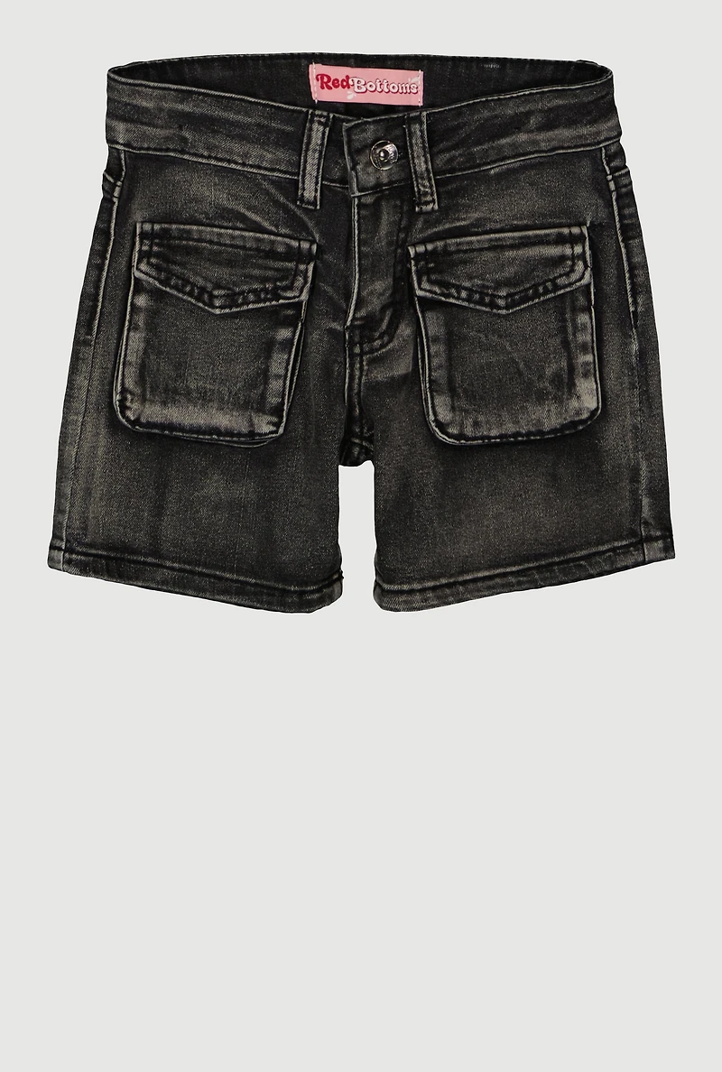 Girls Mineral Wash Cargo Pocket Denim Shorts, Black, Size 8