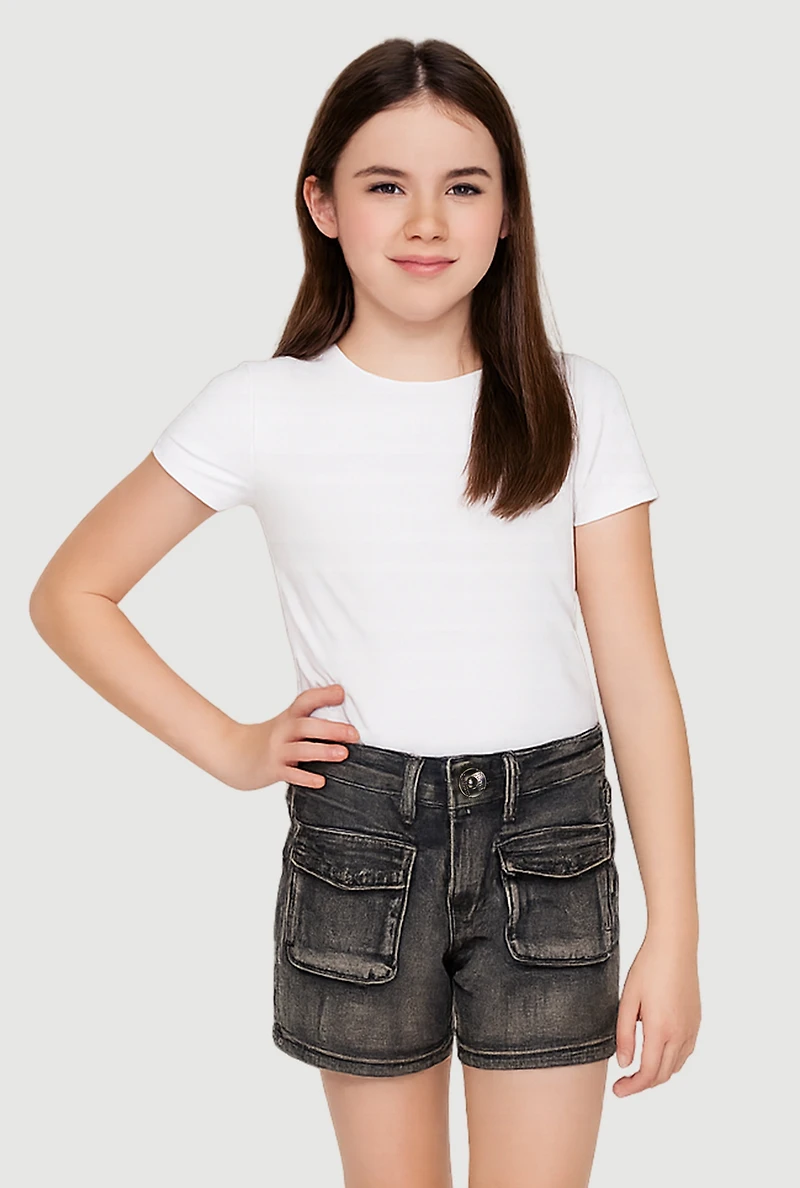 Girls Mineral Wash Cargo Pocket Denim Shorts, Black, Size 10