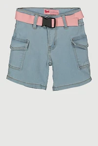 Girls Denim Belted Cargo Shorts, Blue,