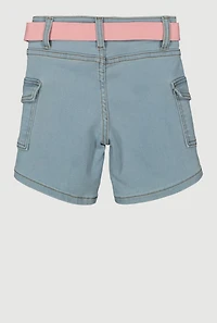 Girls Denim Belted Cargo Shorts, Blue,