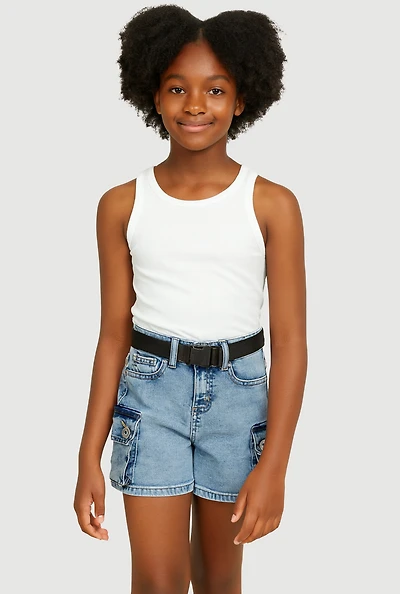 Girls Mineral Wash Belted Cargo Denim Shorts, Blue, Size 10