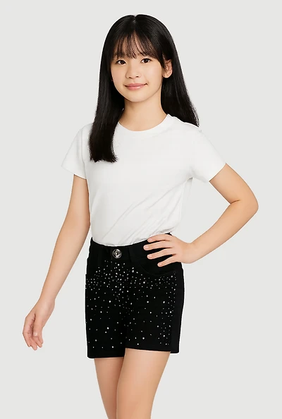Girls Hyperstretch Rhinestone Bermuda Shorts, Black, Size 7