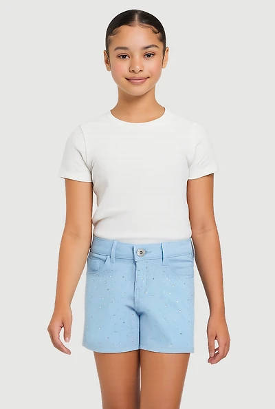 Girls Hyperstretch Rhinestone Bermuda Shorts, Blue, Size 7