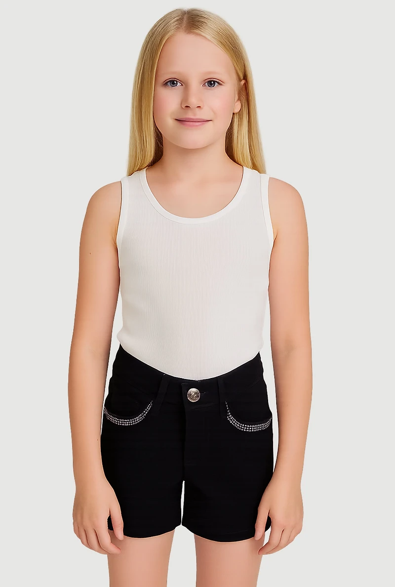 Girls Rhinestone Trim Hyperstretch Shorts, Black, Size 8