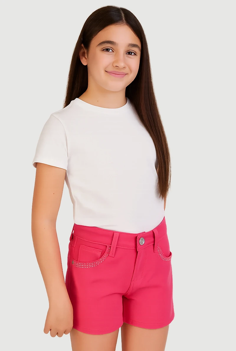 Girls Rhinestone Trim Hyperstretch Shorts, Pink, Size 14