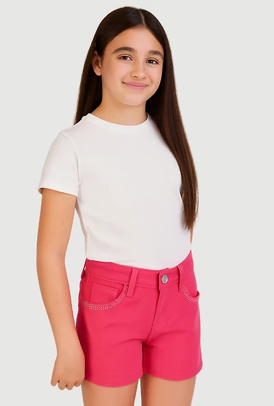 Girls Rhinestone Trim Hyperstretch Shorts, Pink, Size 14