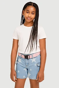 Girls Belted Star Print Denim Cargo Shorts, Blue, Size 8