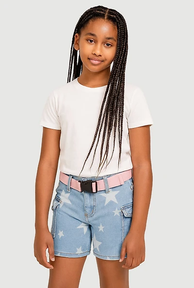Girls Belted Star Print Denim Cargo Shorts, Blue, Size 10