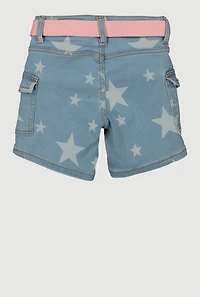 Girls Belted Star Print Denim Cargo Shorts, Blue, Size 8