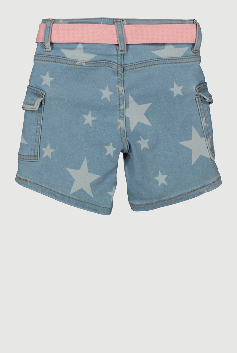 Girls Belted Star Print Denim Cargo Shorts, Blue, Size 7