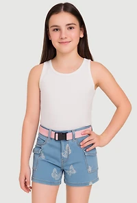 Girls Butterfly Belted Cargo Denim Shorts, Blue, Size 7