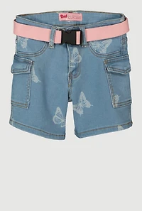 Girls Butterfly Belted Cargo Denim Shorts, Blue, Size 10