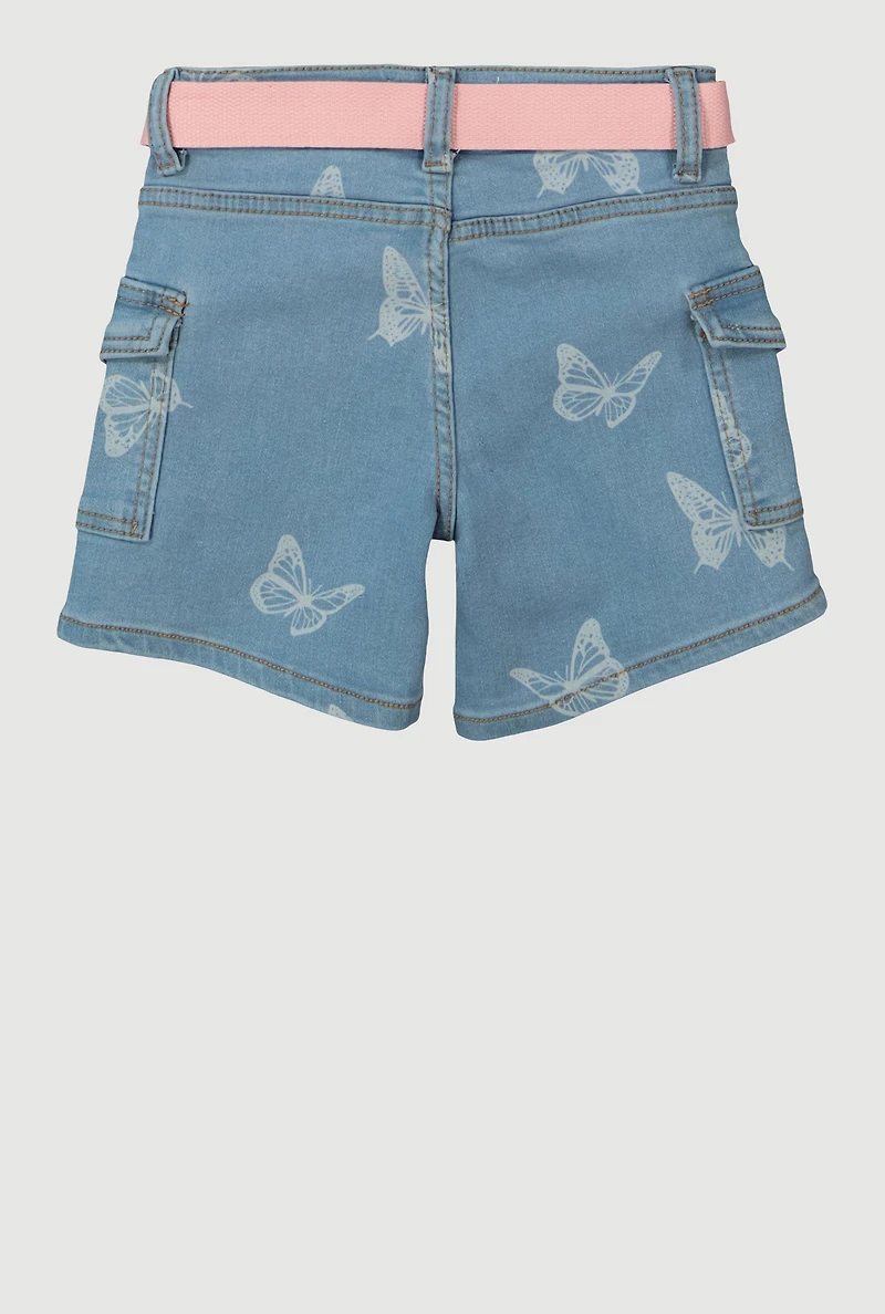 Girls Butterfly Belted Cargo Denim Shorts, Blue, Size 16