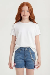 Girls Removable Chains Ribbon Lace Up Denim Shorts