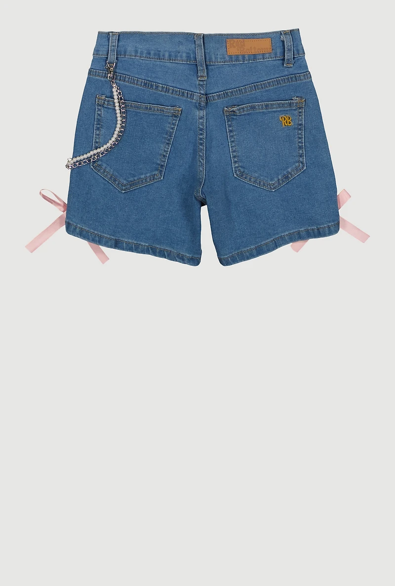 Girls Removable Chains Ribbon Lace Up Denim Shorts