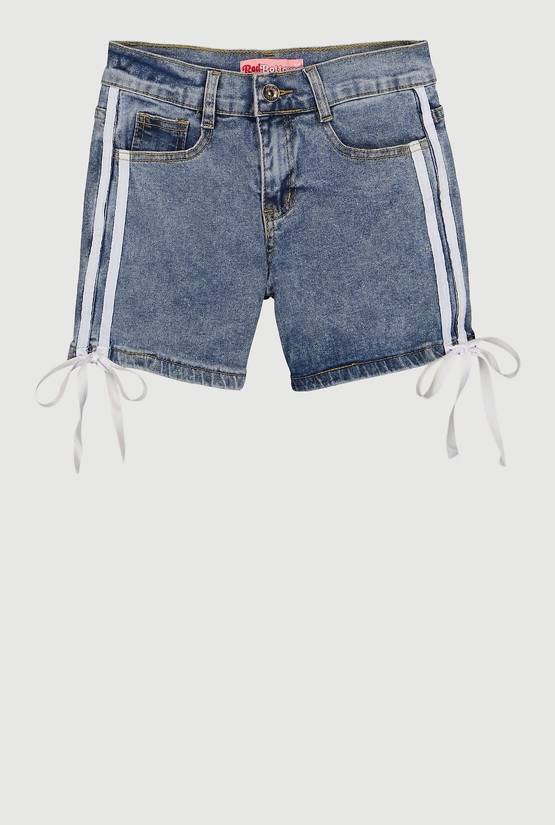 Girls Varsity Stripe Detail Denim Shorts with Side Ties