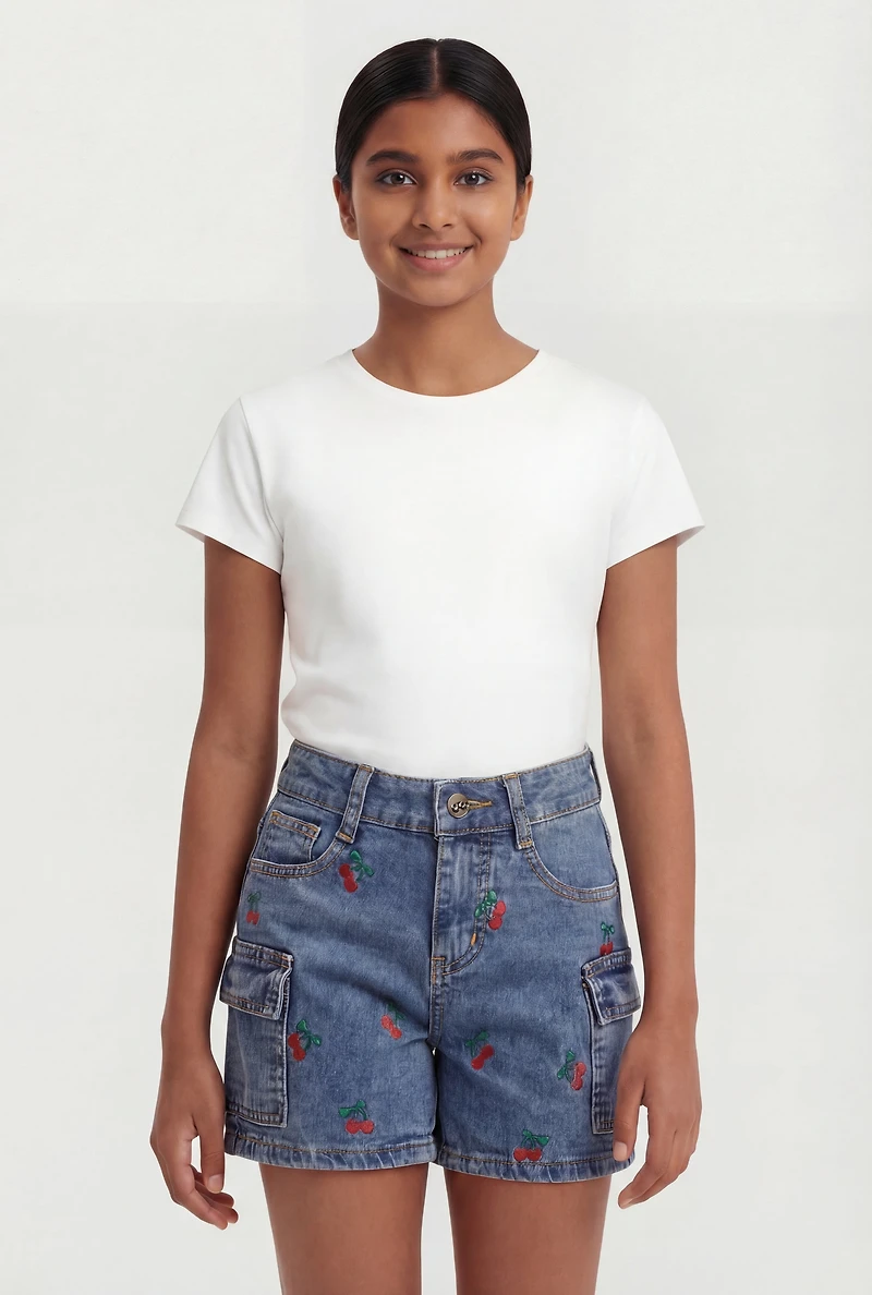 Girls Cherry Print Cargo Denim Shorts