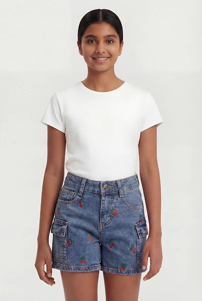 Girls Cherry Print Cargo Denim Shorts
