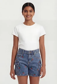 Girls Cherry Print Cargo Denim Shorts