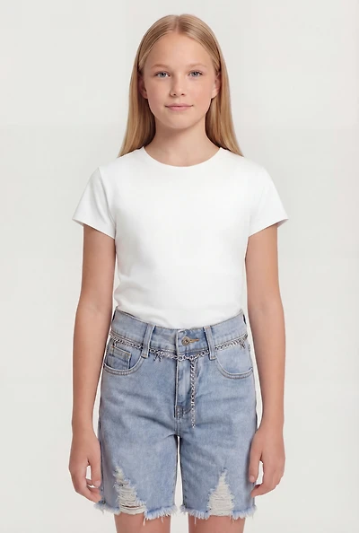 Girls Embroidered Bow Detail Frayed Denim Shorts
