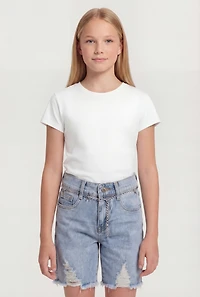 Girls Embroidered Bow Detail Frayed Denim Shorts