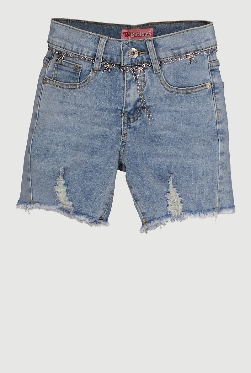 Girls Embroidered Bow Detail Frayed Denim Shorts