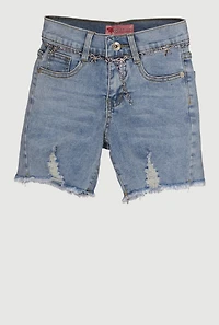 Girls Embroidered Bow Detail Frayed Denim Shorts