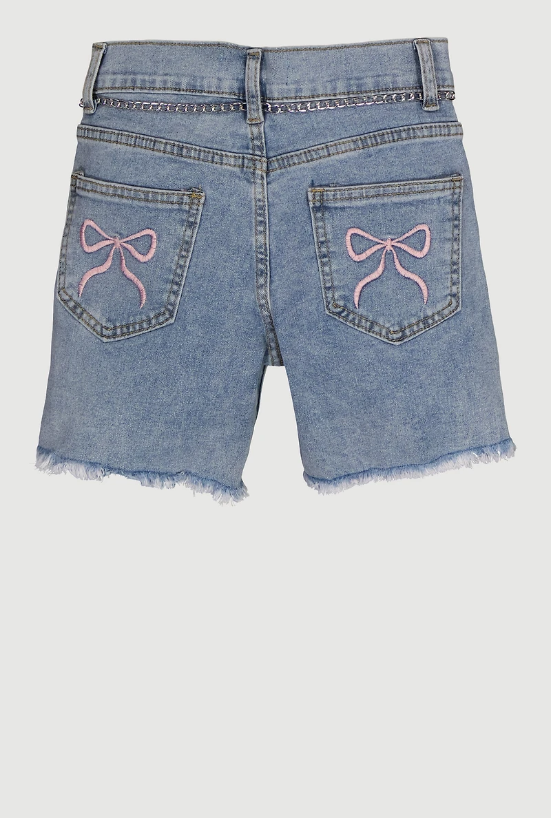 Girls Embroidered Bow Detail Frayed Denim Shorts