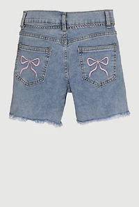 Girls Embroidered Bow Detail Frayed Denim Shorts