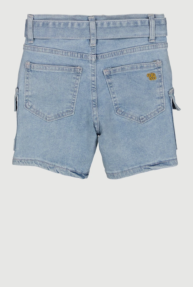 Girls Tie Waist Belted Denim Cargo Short