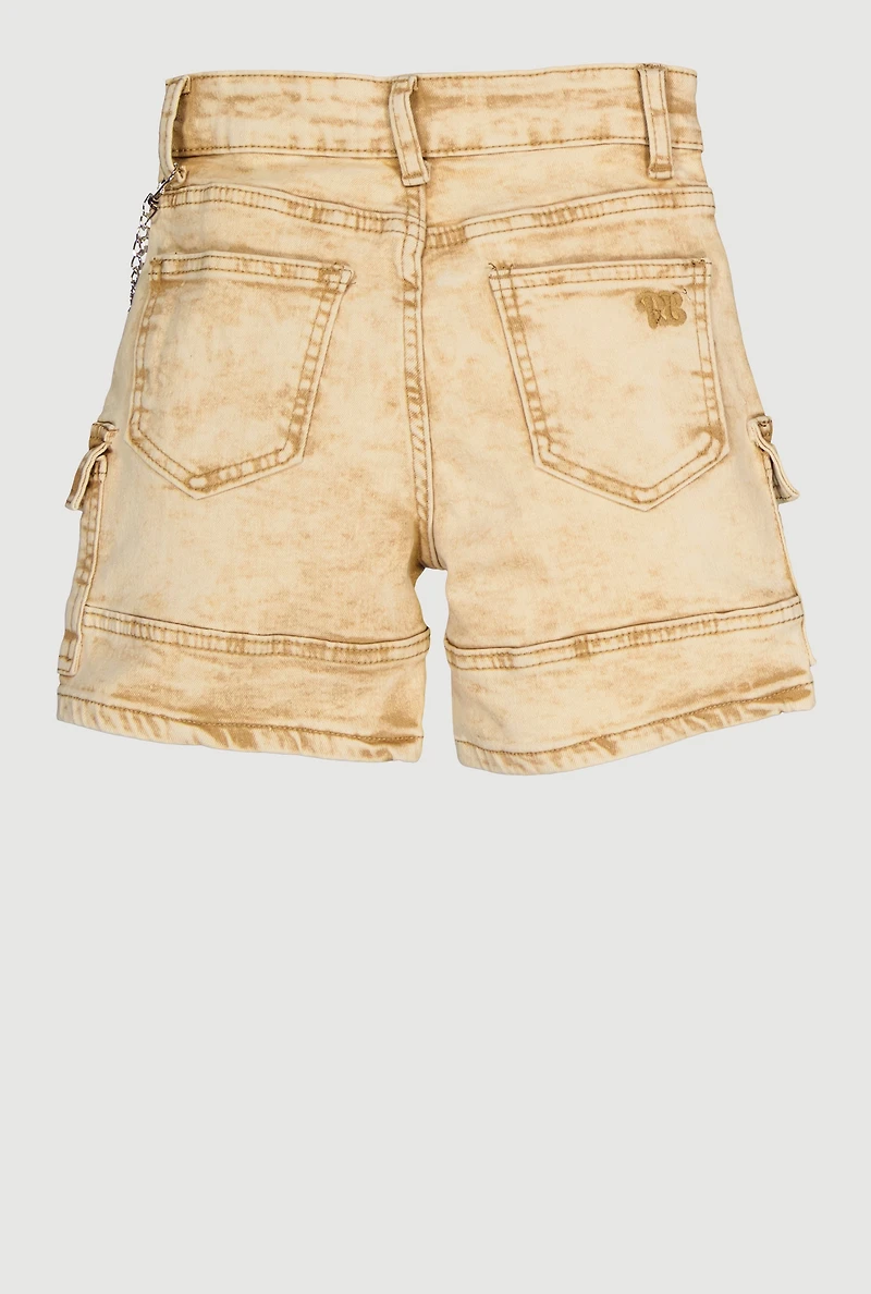Girls Acid Wash Denim Cargo Shorts with Chains