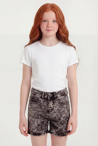 Girls Bow Embossed Acid Wash Denim Shorts
