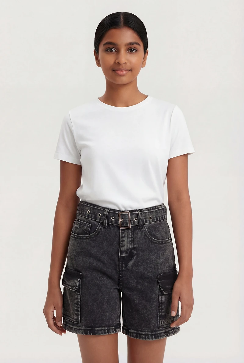Girls Belted Acid Wash Denim Cargo Shorts