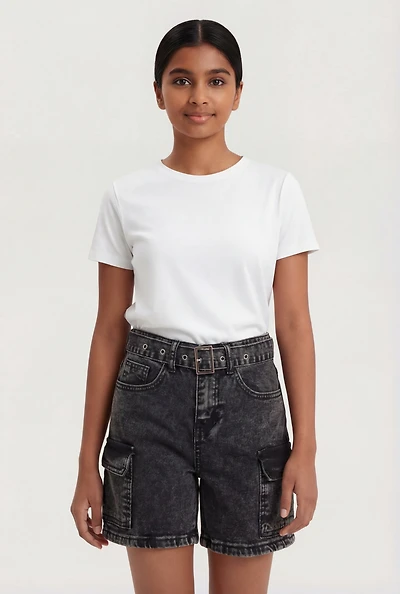 Girls Belted Acid Wash Denim Cargo Shorts