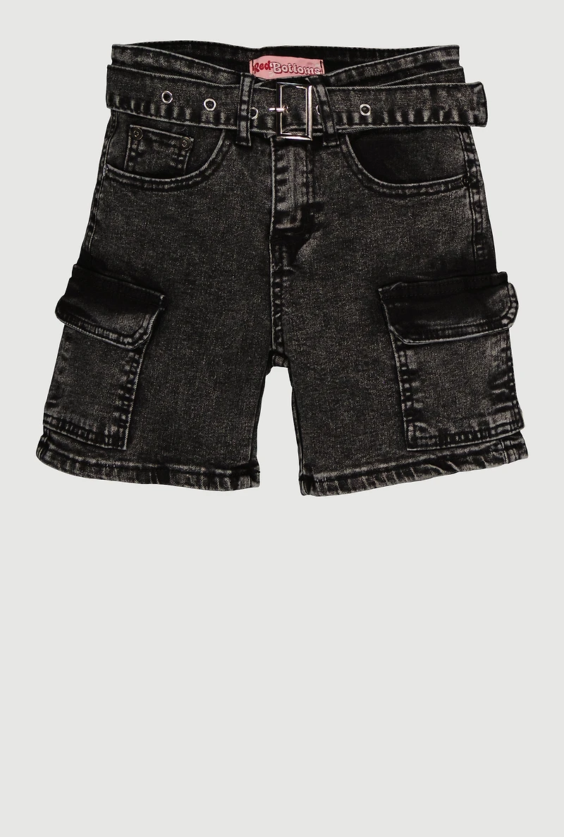 Girls Belted Acid Wash Denim Cargo Shorts