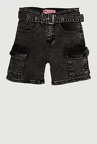 Girls Belted Acid Wash Denim Cargo Shorts