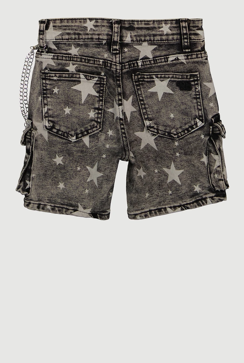 Girls Acid Wash Denim Star Print Cargo Shorts