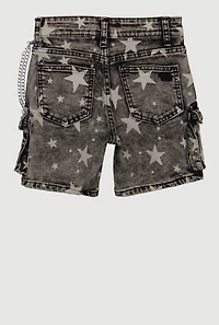 Girls Acid Wash Denim Star Print Cargo Shorts